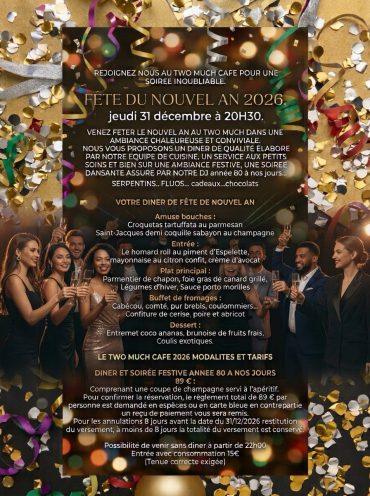 Affiche de la Fête du Nouvel An 2026 au Two Much Café à Bordeaux